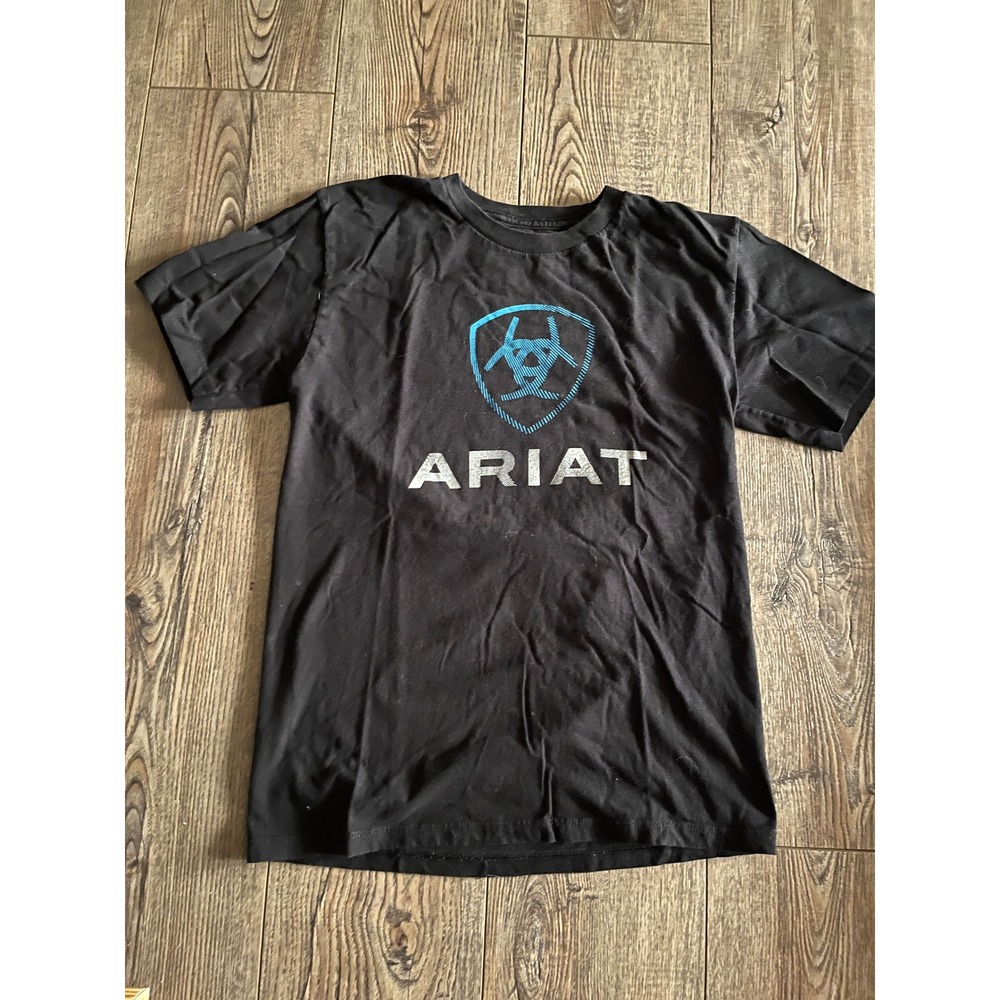 Ariat Boys Logo Graphic T-Shirt Black Blue Silver Shield Cotton Tee Size L